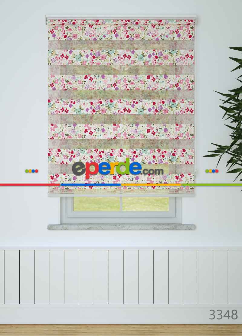 Pembe Lila Çıtır Çiçek Desenli Baskılı Zebra Perde