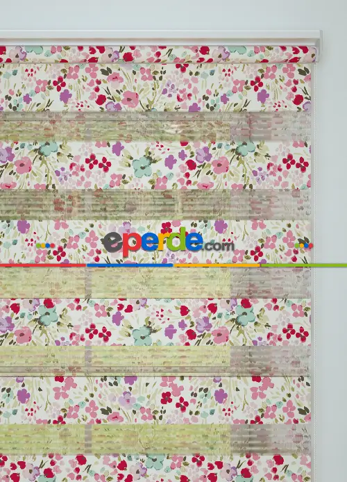 Pembe Lila Çıtır Çiçek Desenli Baskılı Zebra Perde