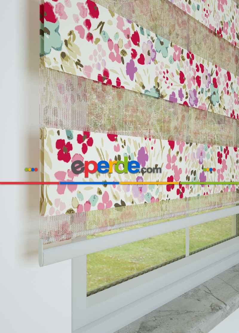 Pembe Lila Çıtır Çiçek Desenli Baskılı Zebra Perde