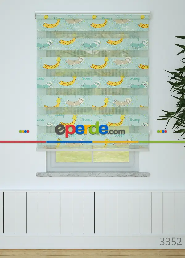 Sarı Mint Zürafa Desenli Baskılı Zebra Perde