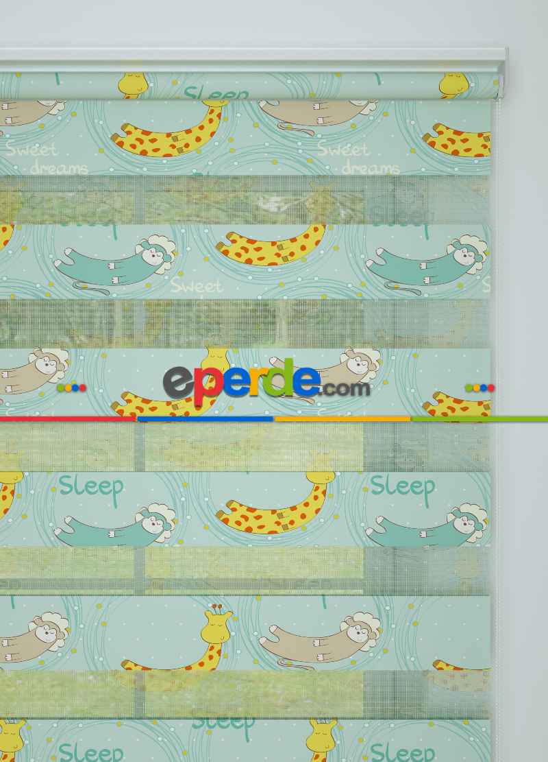 Bebek Odası - Sarı Mint Zürafa Desenli Baskılı Zebra Perde