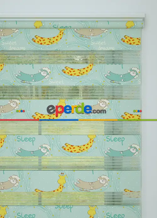 Sarı Mint Zürafa Desenli Baskılı Zebra Perde