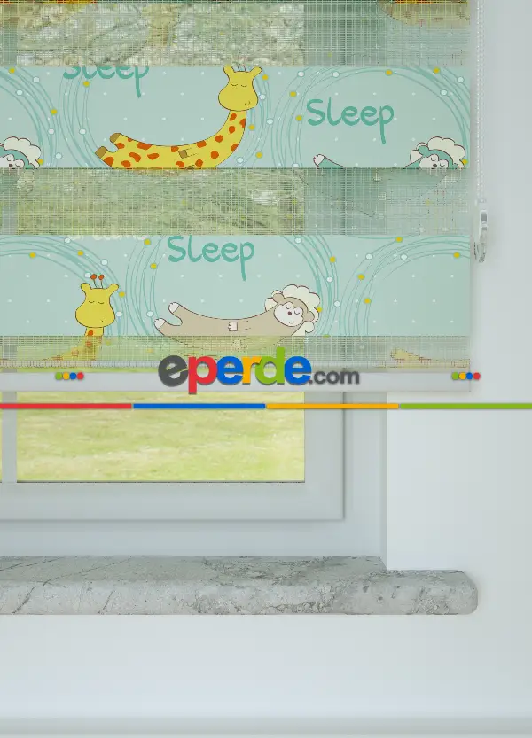 Sarı Mint Zürafa Desenli Baskılı Zebra Perde