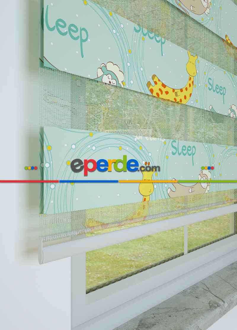 Bebek Odası - Sarı Mint Zürafa Desenli Baskılı Zebra Perde