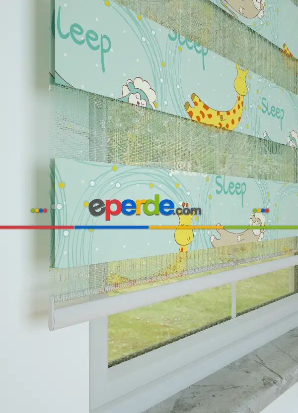 Sarı Mint Zürafa Desenli Baskılı Zebra Perde