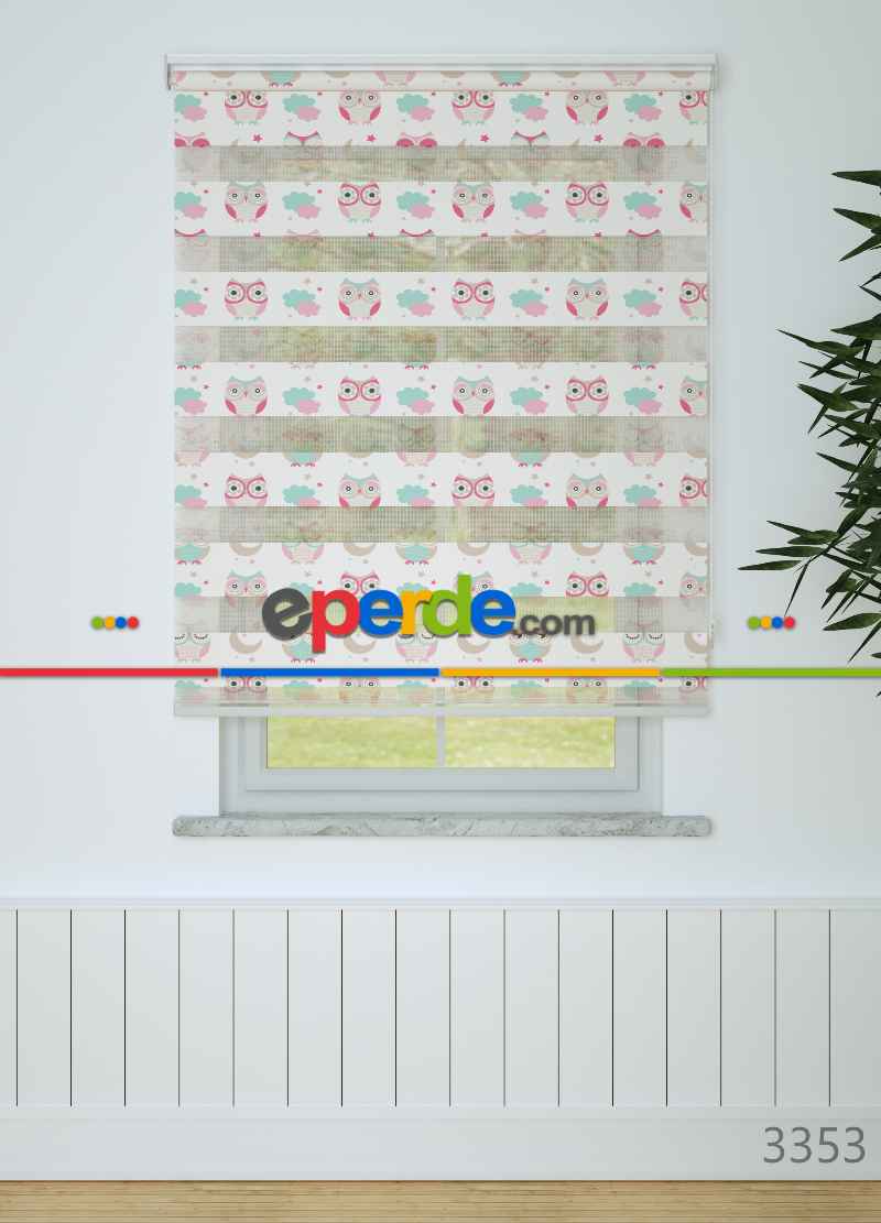 Çocuk Odası - Pembe Baykuş Desenli Baskılı Zebra Perde