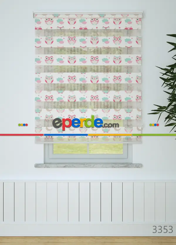 Pembe Baykuş Desenli Baskılı Zebra Perde