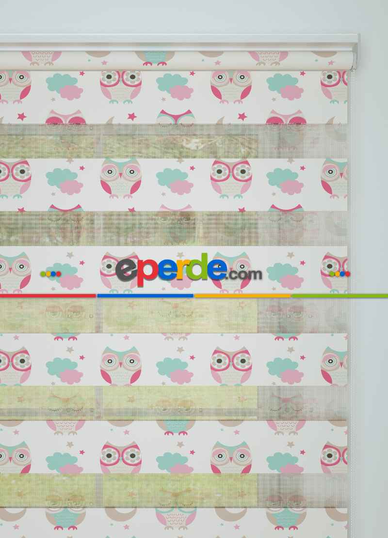 Çocuk Odası - Pembe Baykuş Desenli Baskılı Zebra Perde