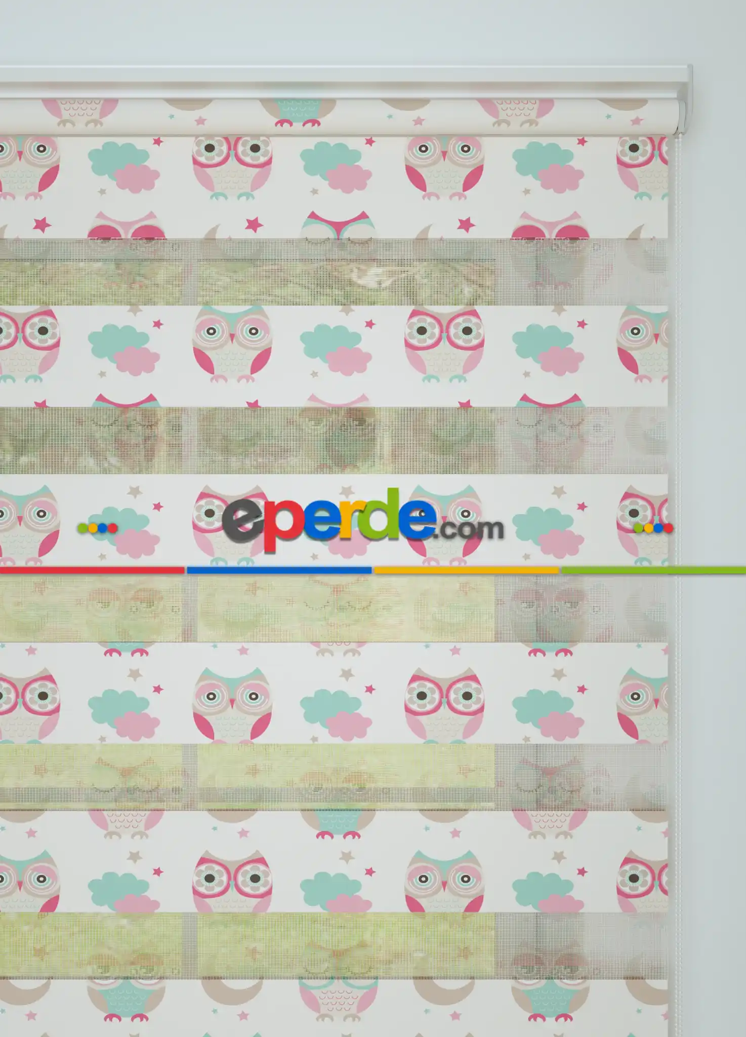 Pembe Baykuş Desenli Baskılı Zebra Perde