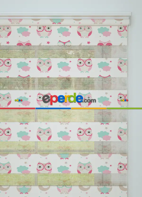 Pembe Baykuş Desenli Baskılı Zebra Perde