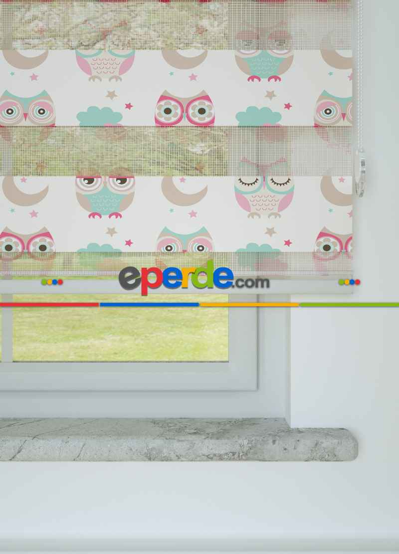Çocuk Odası - Pembe Baykuş Desenli Baskılı Zebra Perde