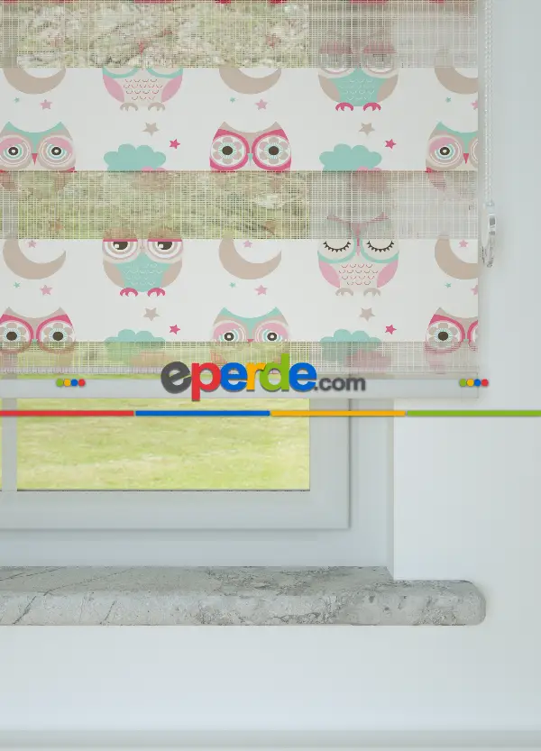 Pembe Baykuş Desenli Baskılı Zebra Perde