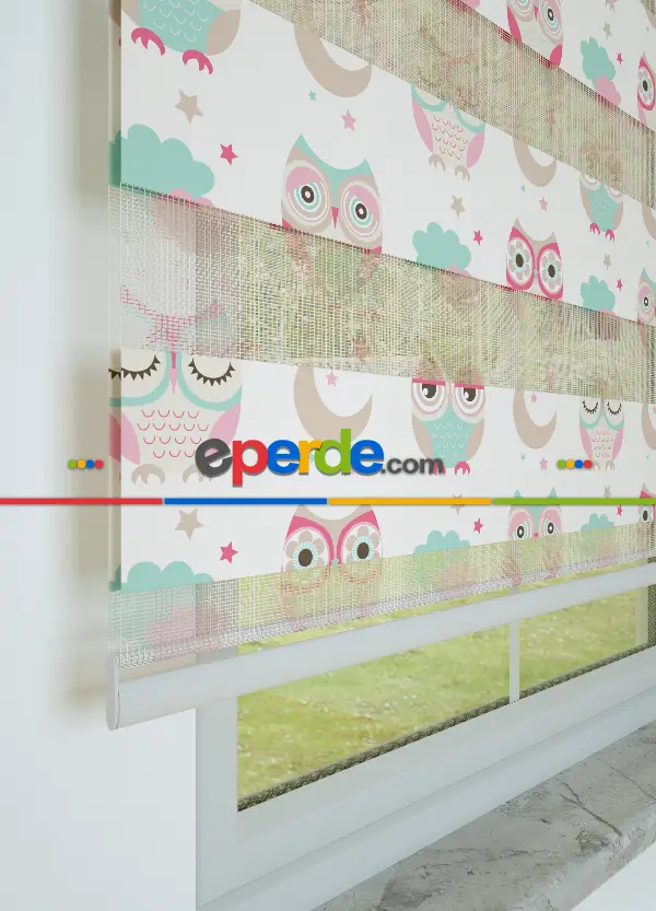 Pembe Baykuş Desenli Baskılı Zebra Perde