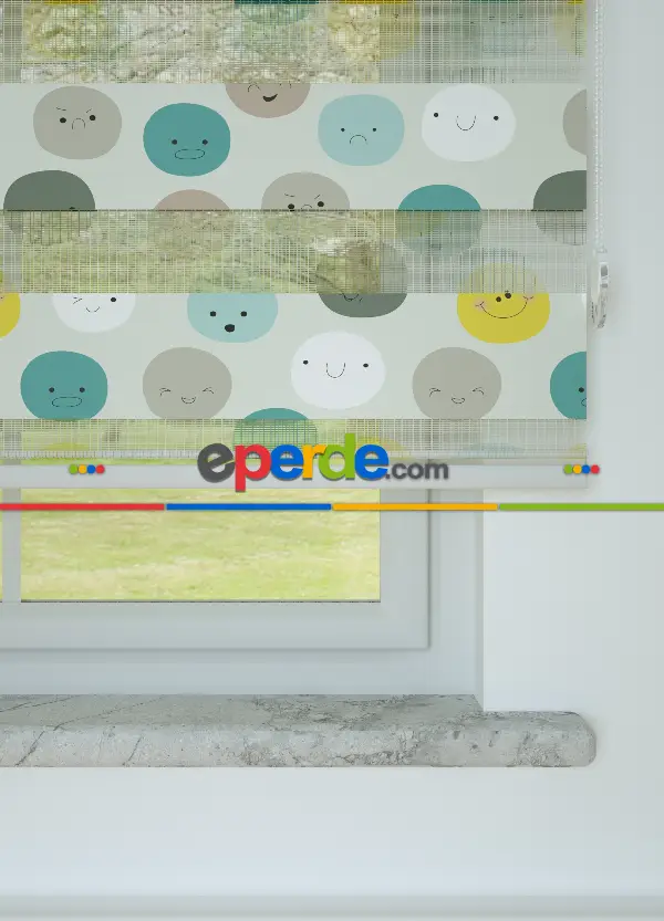 Sarı Mint Smile Desenli Baskılı Zebra Perde