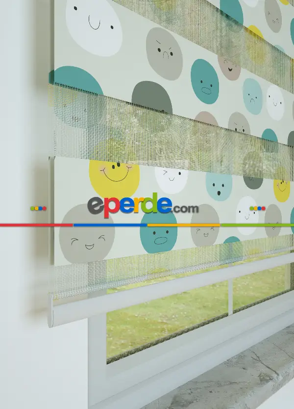 Sarı Mint Smile Desenli Baskılı Zebra Perde