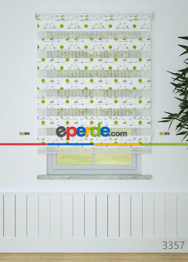 Yeşil Kuş Ve Ağaç Desenli Baskılı Zebra Perde