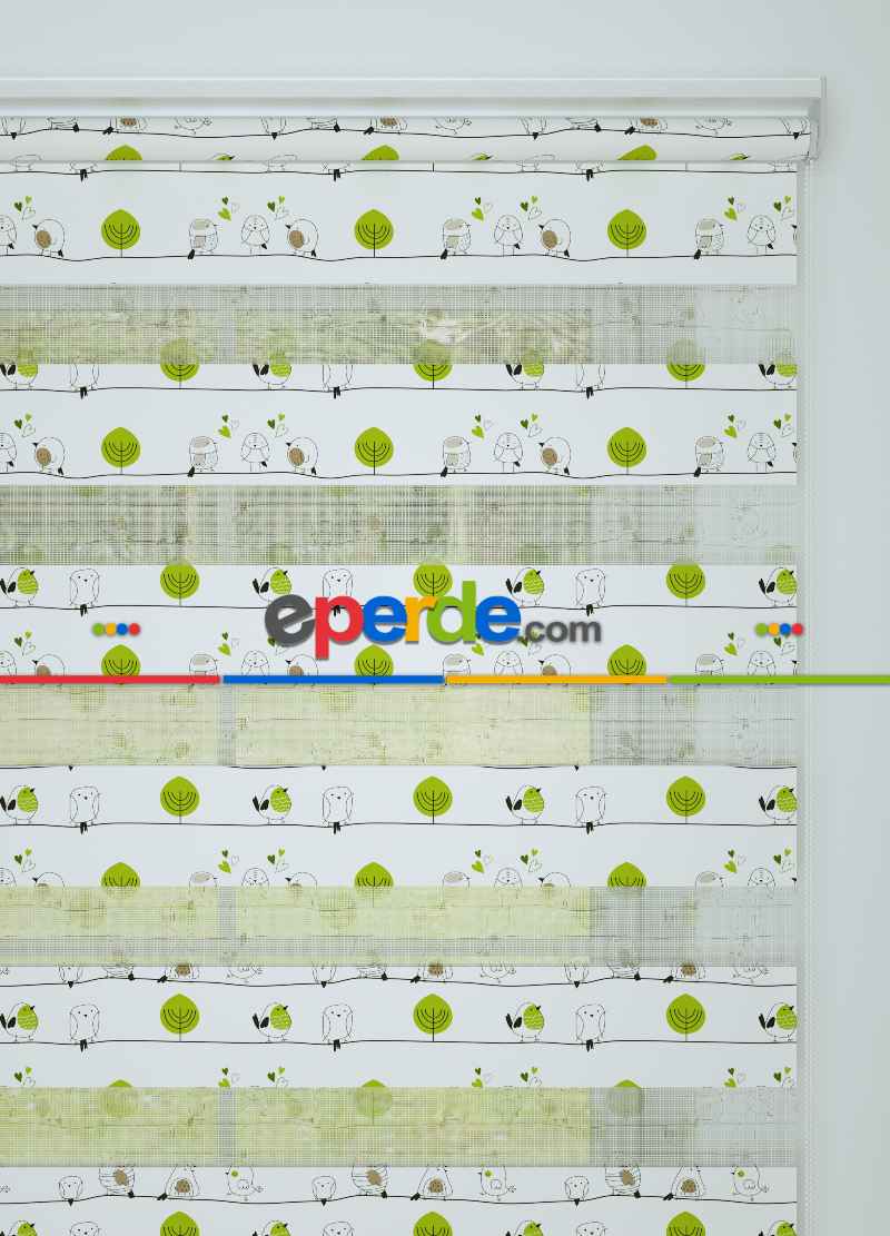 Çocuk Odası - Yeşil Kuş Ve Ağaç Desenli Baskılı Zebra Perde