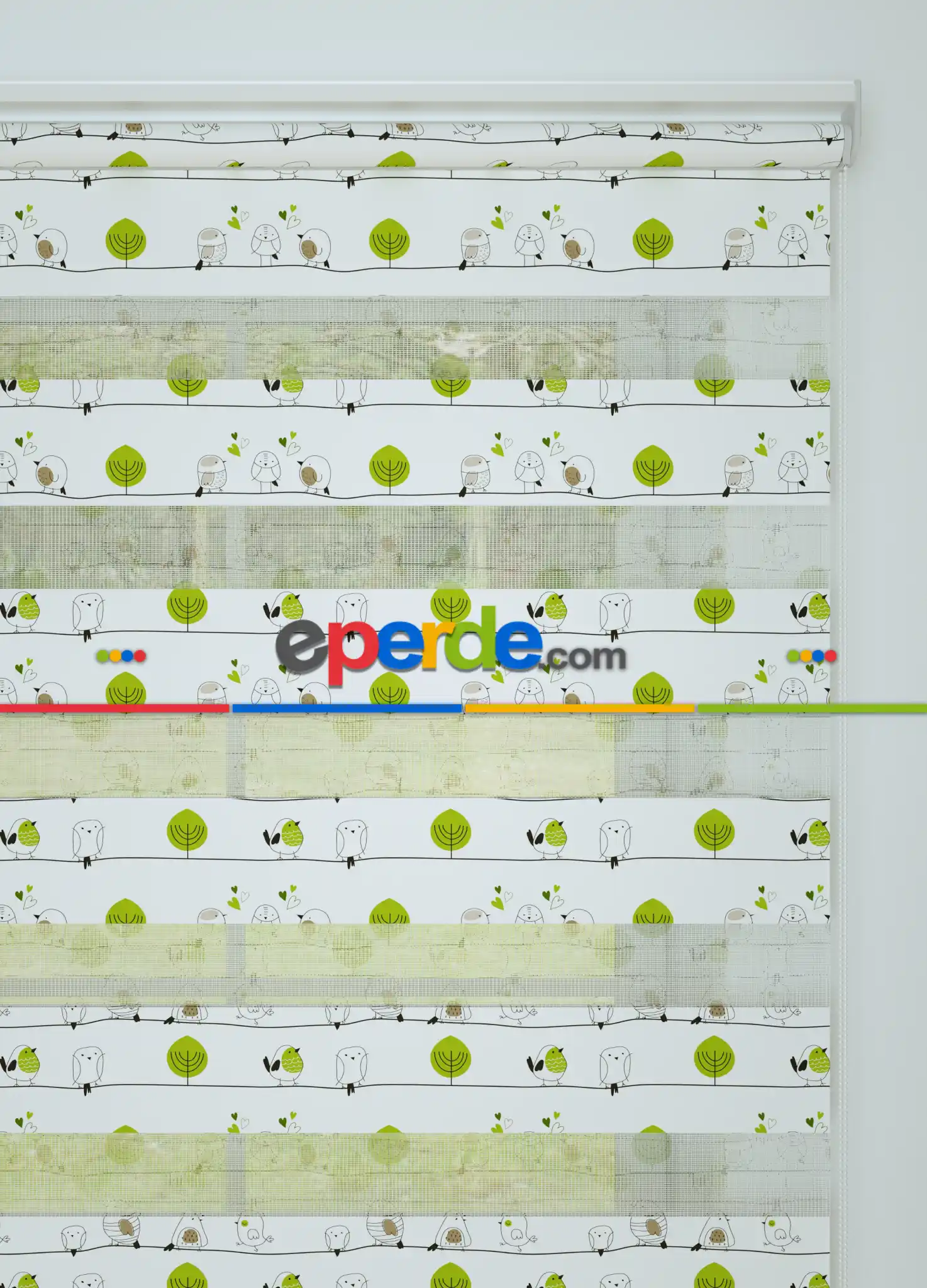 Yeşil Kuş Ve Ağaç Desenli Baskılı Zebra Perde