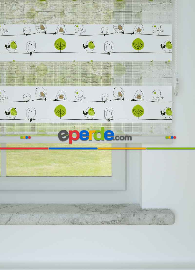 Çocuk Odası - Yeşil Kuş Ve Ağaç Desenli Baskılı Zebra Perde