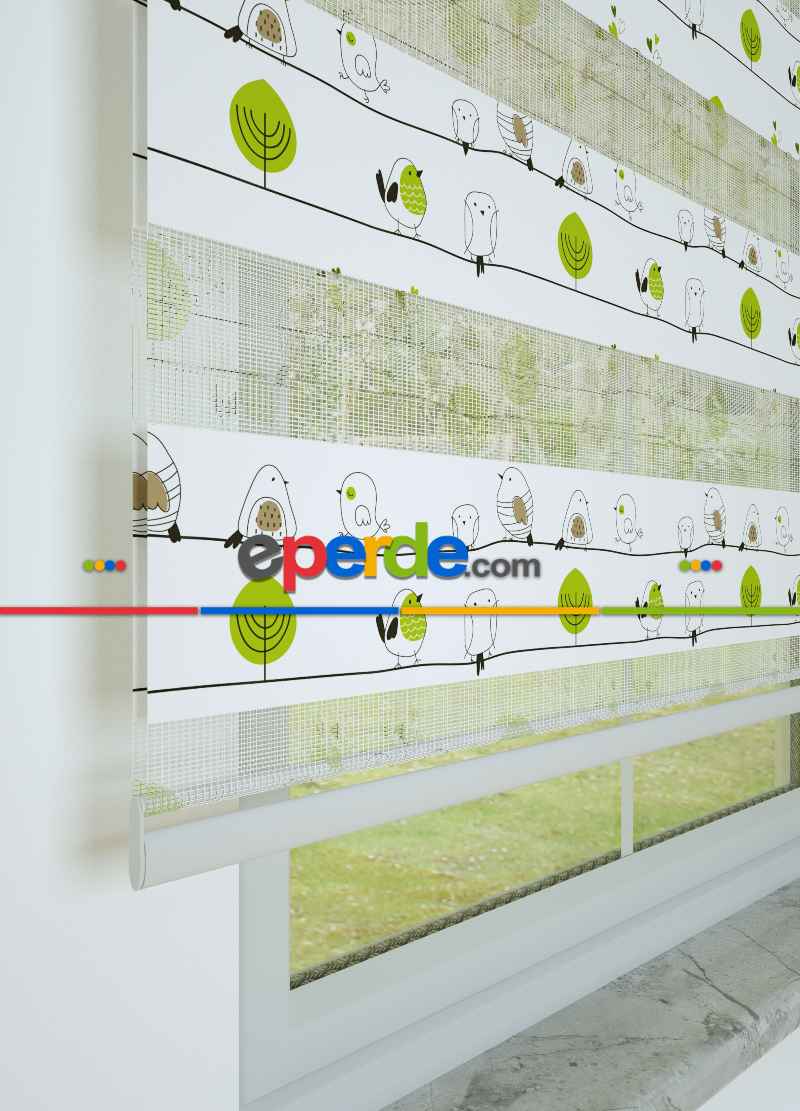 Çocuk Odası - Yeşil Kuş Ve Ağaç Desenli Baskılı Zebra Perde