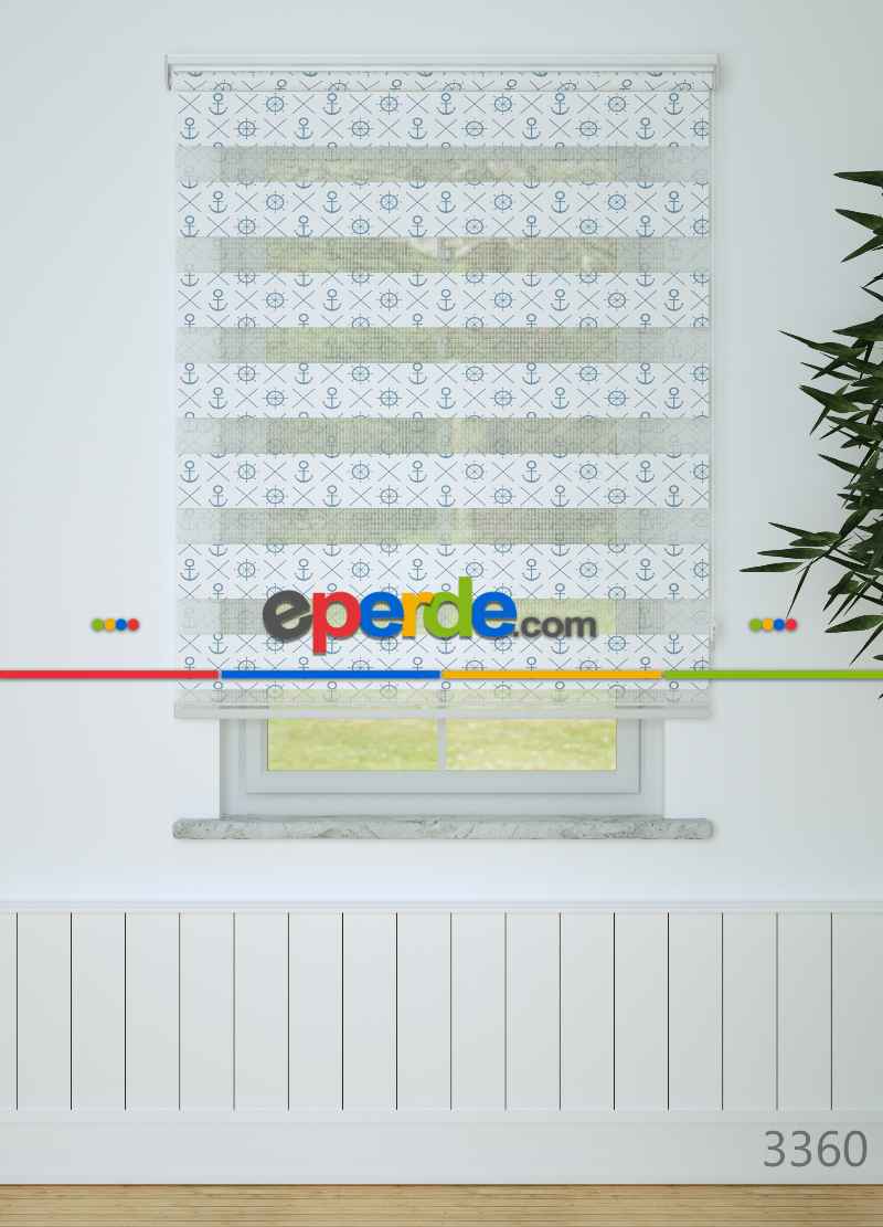 Bebek Odası - Mavi Denizci Desenli Baskılı Zebra Perde