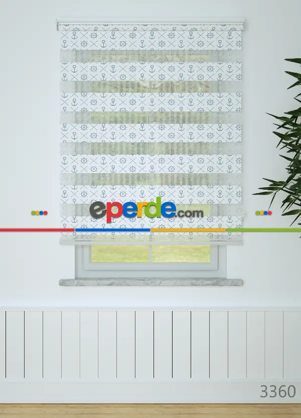 Bebek Odası - Mavi Denizci Desenli Baskılı Zebra Perde