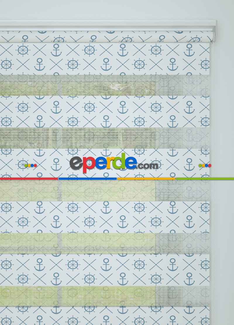 Bebek Odası - Mavi Denizci Desenli Baskılı Zebra Perde