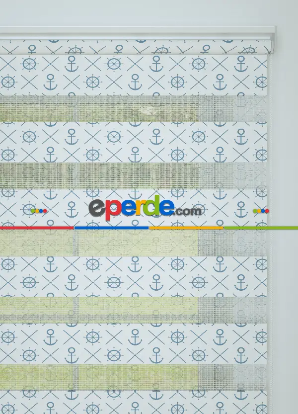 Bebek Odası - Mavi Denizci Desenli Baskılı Zebra Perde