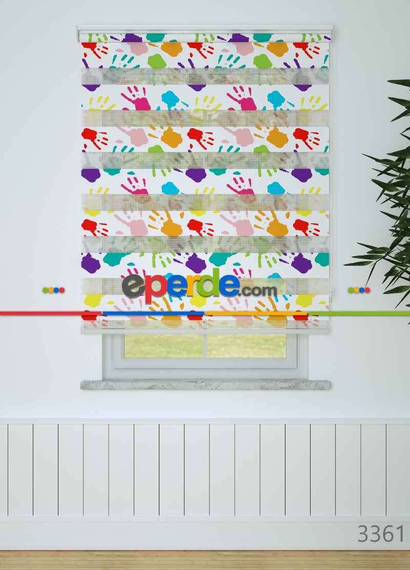 Mor Turkuaz El İzi Desenli Baskılı Zebra Perde