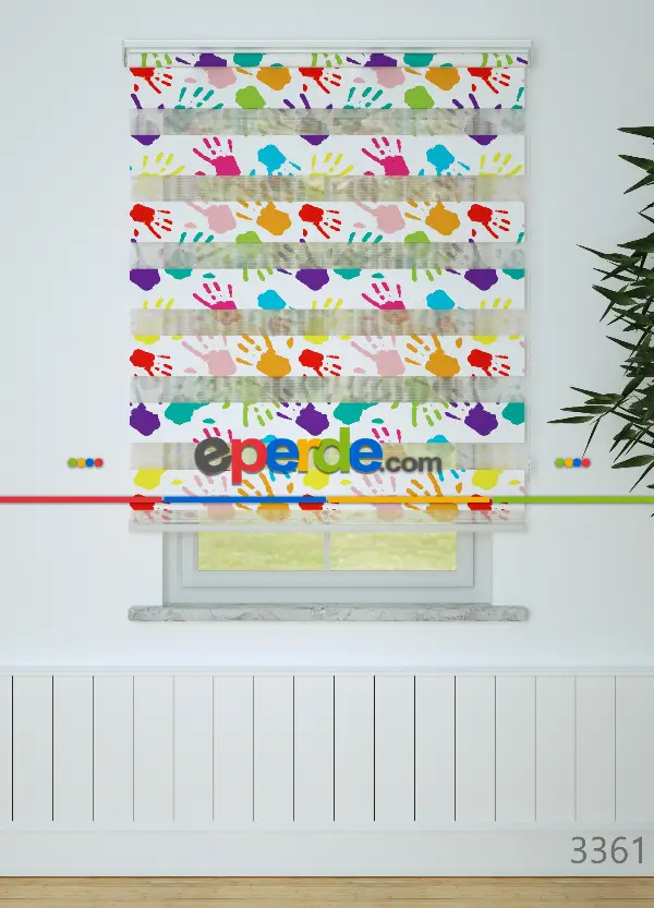 Mor Turkuaz El İzi Desenli Baskılı Zebra Perde