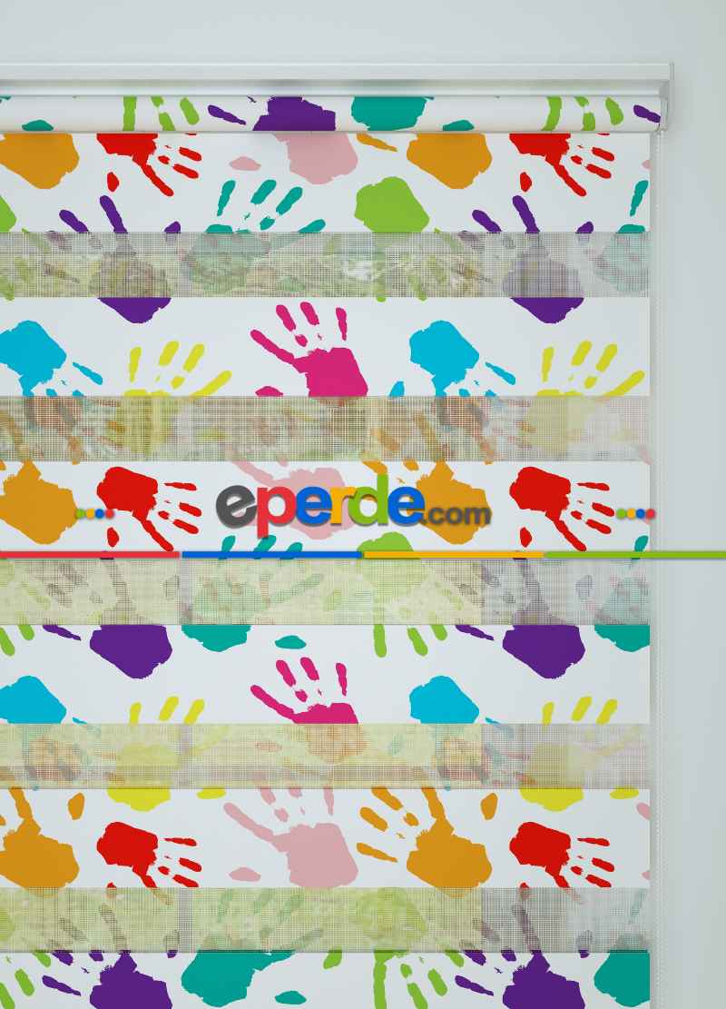 Mor Turkuaz El İzi Desenli Baskılı Zebra Perde