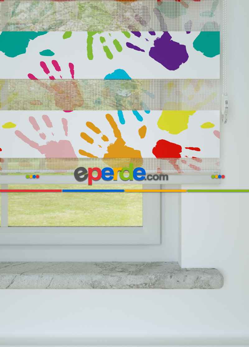 Mor Turkuaz El İzi Desenli Baskılı Zebra Perde