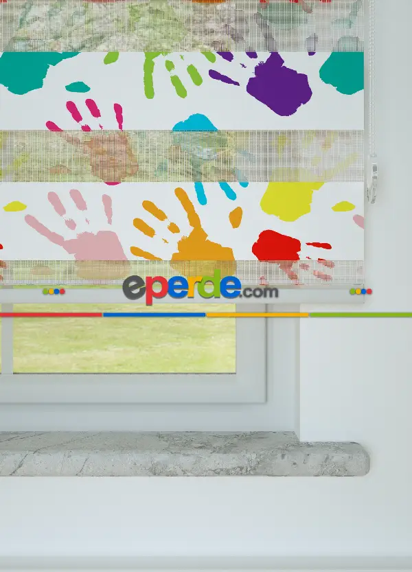 Mor Turkuaz El İzi Desenli Baskılı Zebra Perde