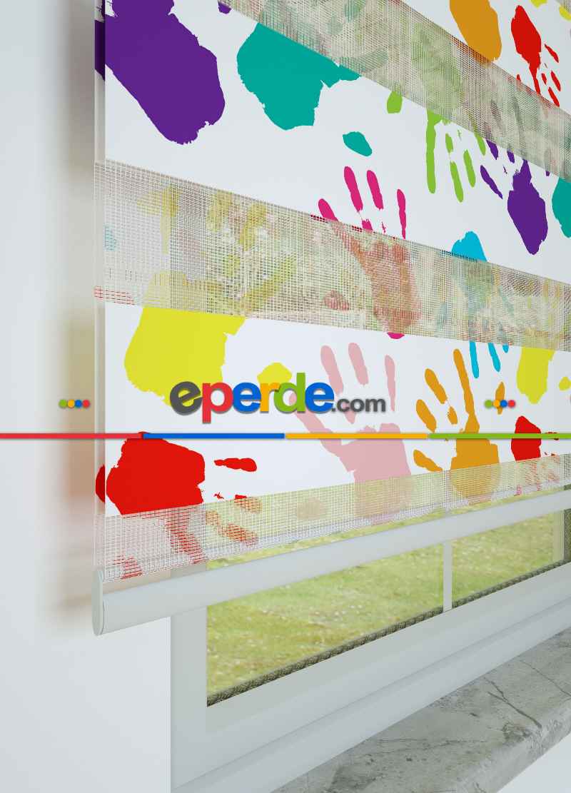 Mor Turkuaz El İzi Desenli Baskılı Zebra Perde