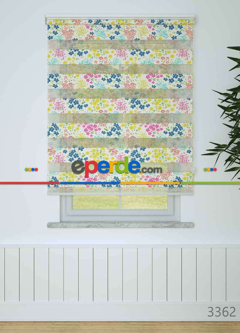 Çocuk Odası - Pembe Mavi Çıtır Çiçek Desenli Baskılı Zebra Perde