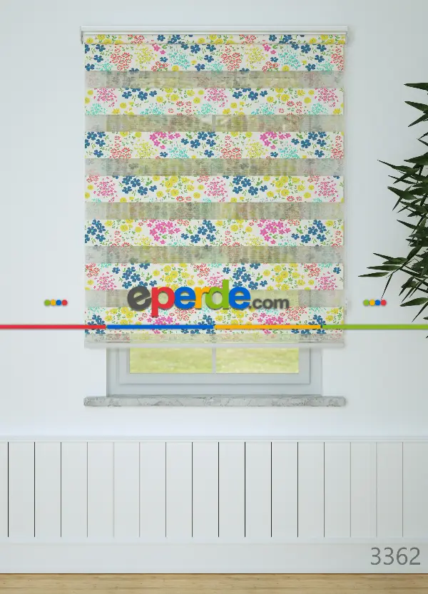 Çocuk Odası - Pembe Mavi Çıtır Çiçek Desenli Baskılı Zebra Perde