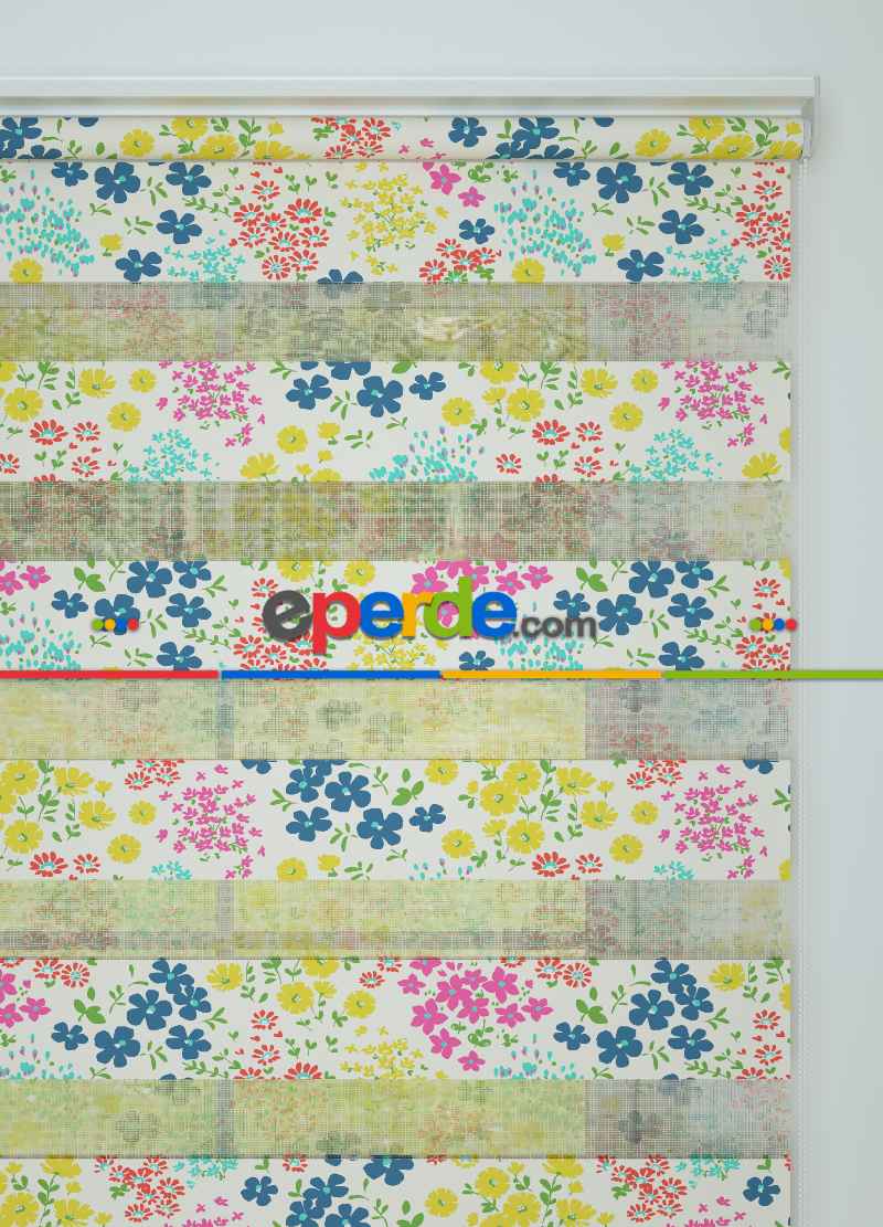 Çocuk Odası - Pembe Mavi Çıtır Çiçek Desenli Baskılı Zebra Perde