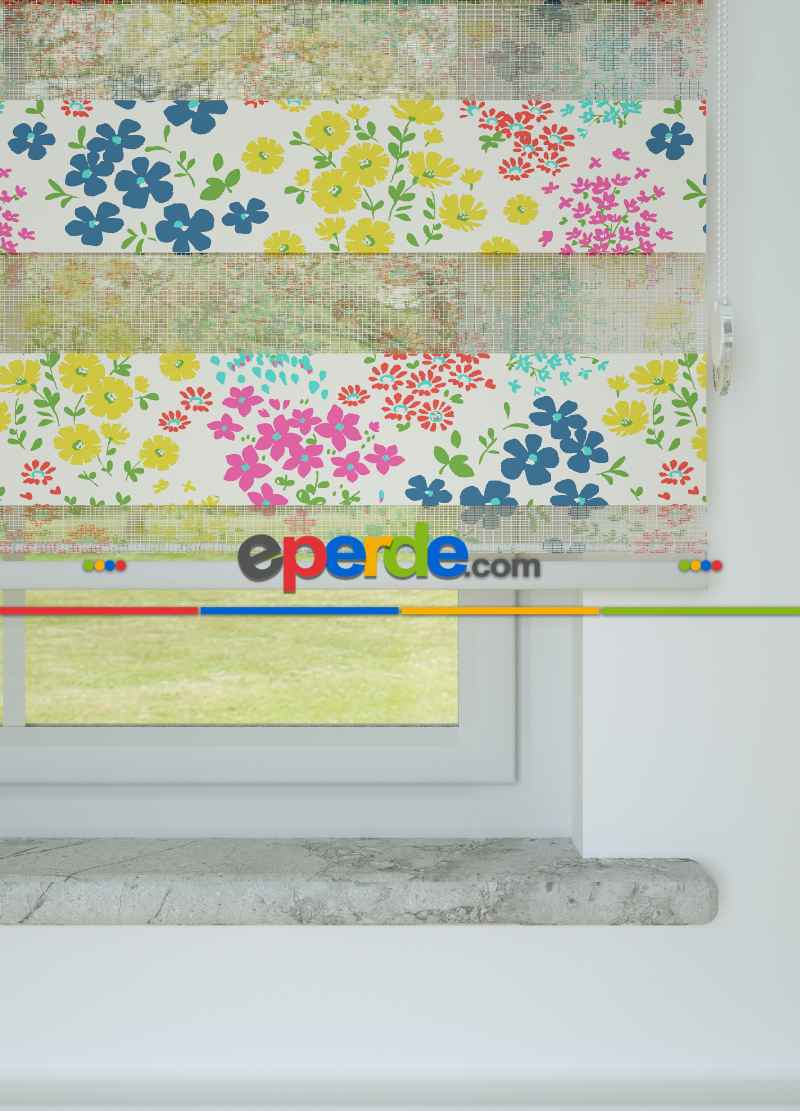 Çocuk Odası - Pembe Mavi Çıtır Çiçek Desenli Baskılı Zebra Perde