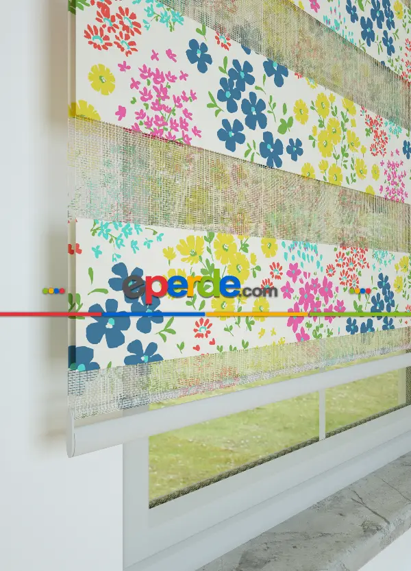 Çocuk Odası - Pembe Mavi Çıtır Çiçek Desenli Baskılı Zebra Perde