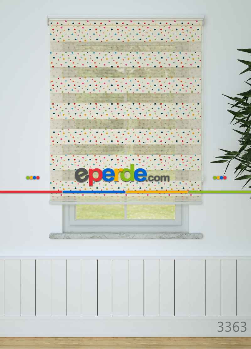 Kırmızı Turuncu Minik Yıldız Desenli Baskılı Zebra Perde