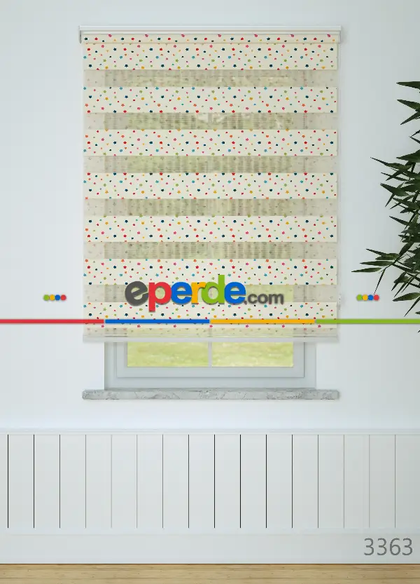 Bebek Odası - Kırmızı Turuncu Minik Yıldız Desenli Baskılı Zebra Perde