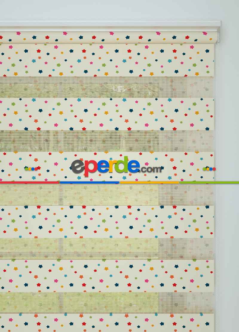 Kırmızı Turuncu Minik Yıldız Desenli Baskılı Zebra Perde