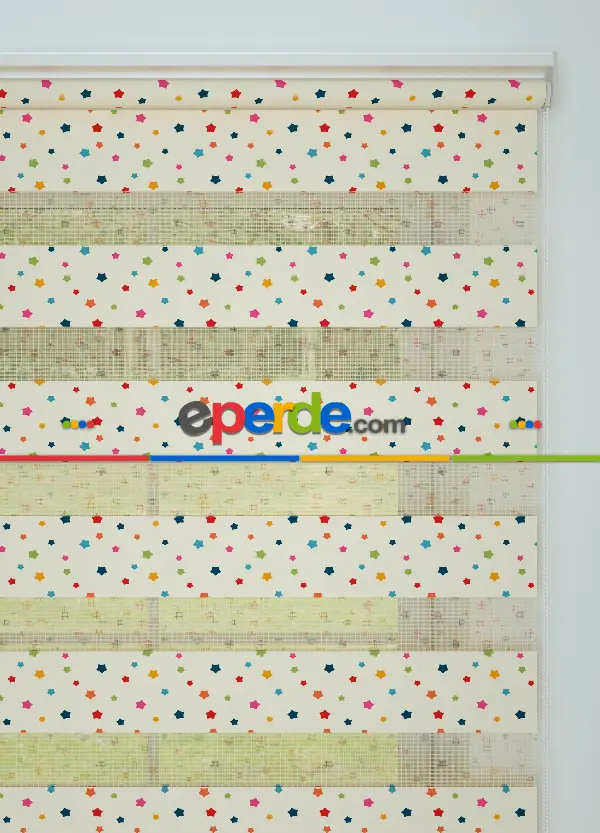 Bebek Odası - Kırmızı Turuncu Minik Yıldız Desenli Baskılı Zebra Perde