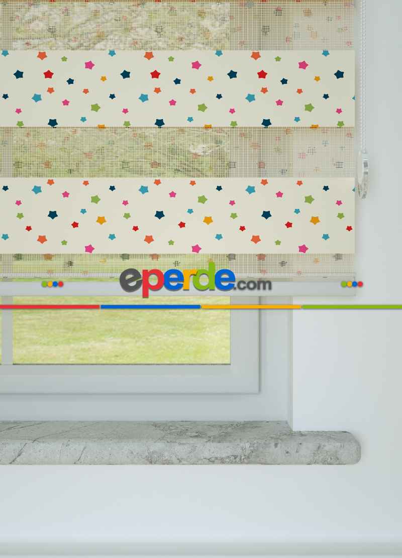 Kırmızı Turuncu Minik Yıldız Desenli Baskılı Zebra Perde