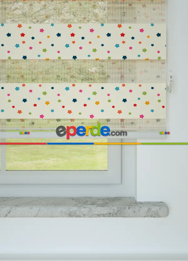 Bebek Odası - Kırmızı Turuncu Minik Yıldız Desenli Baskılı Zebra Perde