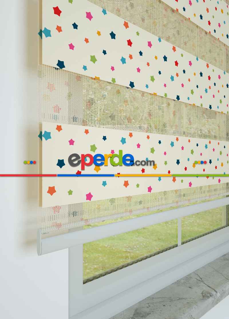 Kırmızı Turuncu Minik Yıldız Desenli Baskılı Zebra Perde