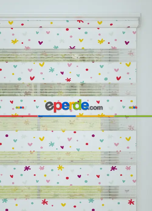 Mor Sarı Minik Kalp Desenli Baskılı Zebra Perde