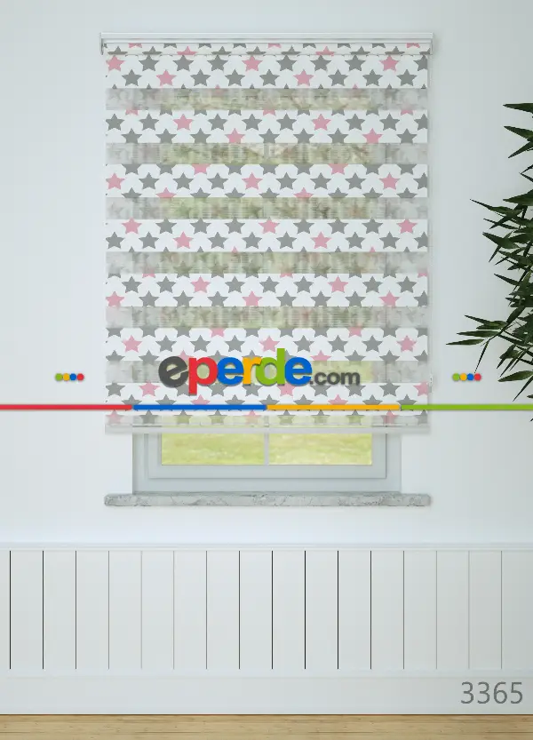 Pembe Gri Yıldız Desenli Baskılı Zebra Perde