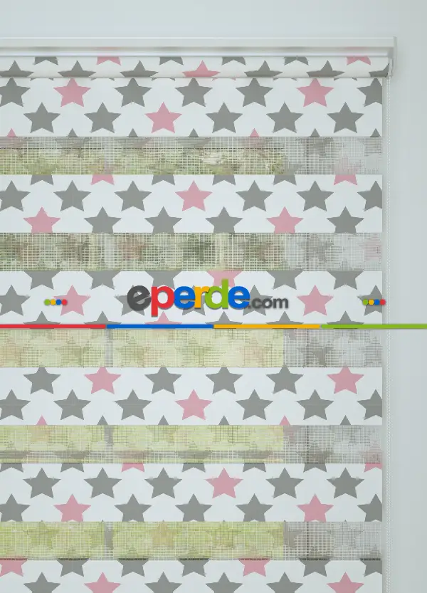 Pembe Gri Yıldız Desenli Baskılı Zebra Perde