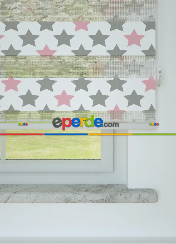 Pembe Gri Yıldız Desenli Baskılı Zebra Perde